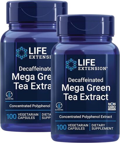 مستخلص الشاي الأخضر الكبير Life Extension (98% بوليفينول) منزوع الكافيين، بوليفينول egcg أكثر مما يعادل عدة أكواب من الشاي الأخضر - نباتي - غير معدل وراثيًا، 100 كبسولة نباتية in Kuwait