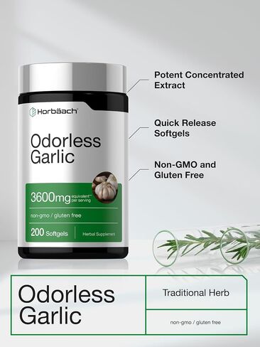 Odorless Garlic Softgels | 250 Count | Ultra Potent Garlic Extract | Non-GMO & Gluten Free Pills | by Horbaach in Kuwait