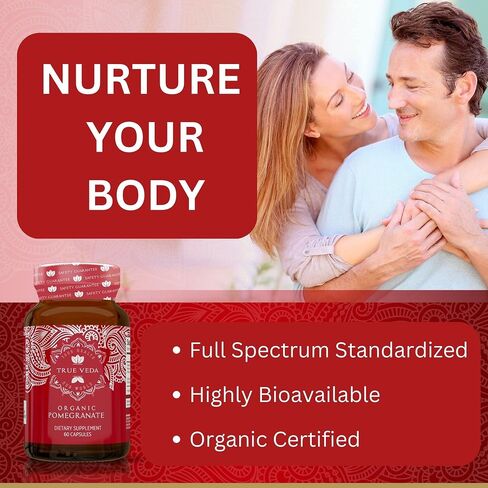 Pomegranate Extract Supplement - Ellagic Acid, High Punicalagins | USDA Certified Organic Pomegranate Supplement | Blend of Pomegranate Fruit, Seeds and Peel Extract | 60 Vegan Pomegranate Capsules in Kuwait