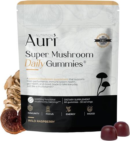 Auri Super Mushroom Daily Gummies - All-in-One Daily Mushroom Supplement Gummy - 12 Mushroom Blend with Chaga, Lions Mane, Reishi, Cordyceps - Boost Your Immunity, Focus, Energy, Mood - 60 Gummies in Kuwait