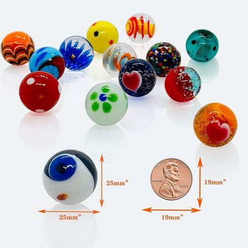 15Pcs Glass Marbles 25mm Large Shooter Marbles, 1" Handmade Colorful Assorted Marbles for Classic Marble Games, Home Decor Vase Fillers, DIY Craft Projects and Marble Run Accessories for Kids Aged 6+ in Saudi Arabia