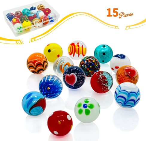 15Pcs Glass Marbles 25mm Large Shooter Marbles, 1" Handmade Colorful Assorted Marbles for Classic Marble Games, Home Decor Vase Fillers, DIY Craft Projects and Marble Run Accessories for Kids Aged 6+ in Saudi Arabia