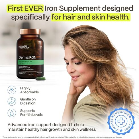 Derma-Iron Supplement for Women and Men - Iron blood builder pills for hair and skin with Collagen and natural Vitamin C, low iron and ferritin, thinning hair, hair loss support in Kuwait