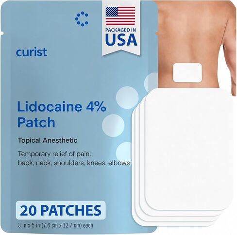 Curist Super Stick Lidocaine Patches Topical Pain Relief - Long Lasting Adhesive for Back Relief, Neck Relief, Sore Muscle Relief (20 Patches -1 Pack - 3x5" Lidocaine 4% Patches) in Kuwait