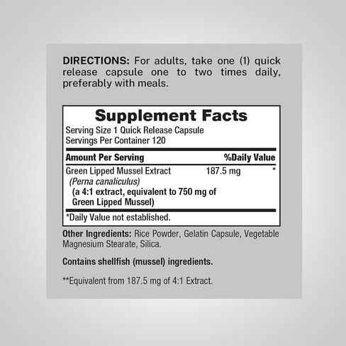 Green Lipped Mussel 750mg | 120 Capsules | Supplement for Humans | Freeze Dried from New Zealand | Non-GMO, Gluten Free | by Piping Rock in Kuwait
