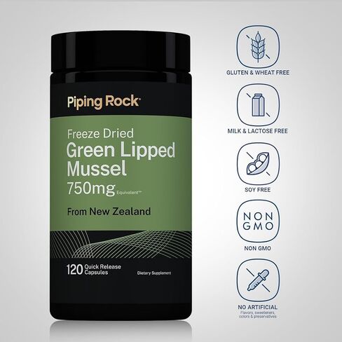 Green Lipped Mussel 750mg | 120 Capsules | Supplement for Humans | Freeze Dried from New Zealand | Non-GMO, Gluten Free | by Piping Rock in Kuwait