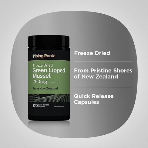 Green Lipped Mussel 750mg | 120 Capsules | Supplement for Humans | Freeze Dried from New Zealand | Non-GMO, Gluten Free | by Piping Rock in Kuwait