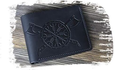 Full Grain Leather Wallet - Rfid Wallet for Men - Viking Accessories Men Nordic Gifts Thor Mjolnir Hammer Embossed Wallet - Mens Wallets Bifold Leather - Rfid Blocking Black Leather Wallet in Kuwait