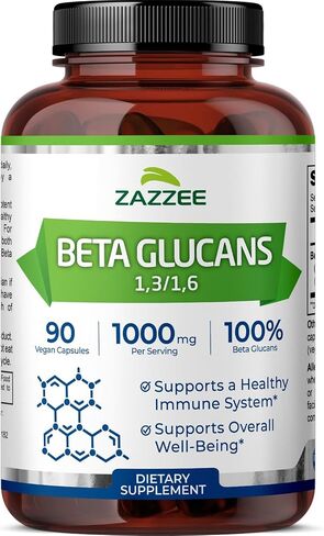 Zazzee Extra Strength 1,3/1,6 Beta Glucans 1000 mg, 100% Glucan Content, 90 Vegan Capsules, Supports a Healthy Immune System, Non-GMO and All-Natural, Made in The USA in Kuwait