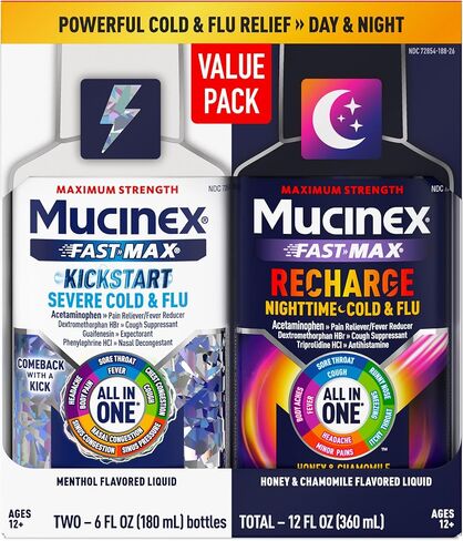 Mucinex Maximum Strength Fast-Max Cold & Flu and Nightshift, All-in-One Multi Symptom Relief Liquid, 6 Fl Oz - 2 Count (Pack of 1) in Kuwait