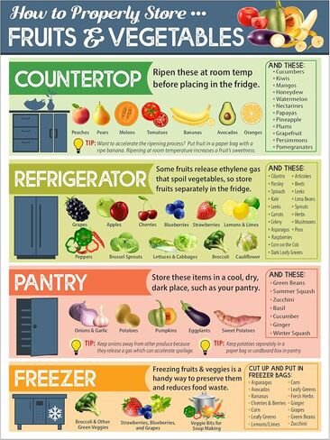 How To Properly Store Vegetables and Fruit Magnets - Kitchen Cheat Sheet Magnet - Fruit and Vegetable Magnets for Fridge - 6"x8" Helpful Magnetic Cheat Sheet - Chart for Storing Produce in Kuwait