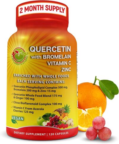 Quercetin with Bromelain Vitamin C and Zinc with Organic Whole Food Quercetin Blend - 1215mg per Serving - Phytosome Quercetin 500mg Capsules with Ginger and Flavonoids for Immune Support - 120 count in Kuwait