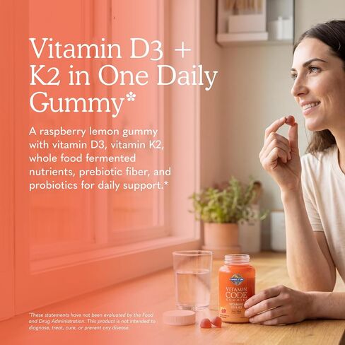 Garden of Life Vitamin D3+K2 Gummies with Prebiotics&Probiotics for Digestion,2000 IU Vitamin D3+100mcg K2 for Bone&Immune Health for Adults,Vitamin Code,Non-GMO,Gluten-Free,45 Raspberry Lemon Gummies in Kuwait