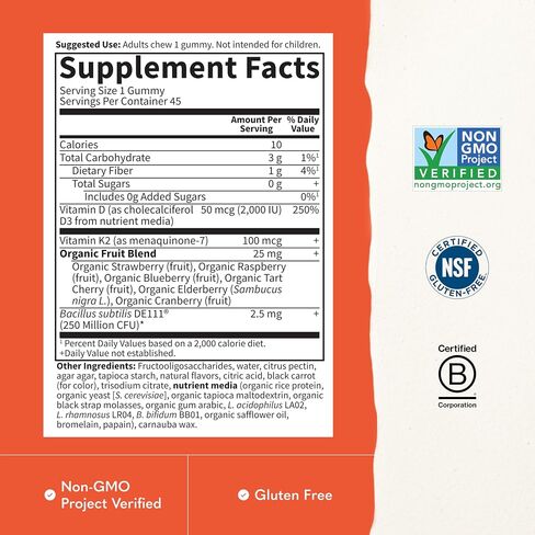 Garden of Life Vitamin D3+K2 Gummies with Prebiotics&Probiotics for Digestion,2000 IU Vitamin D3+100mcg K2 for Bone&Immune Health for Adults,Vitamin Code,Non-GMO,Gluten-Free,45 Raspberry Lemon Gummies in Kuwait