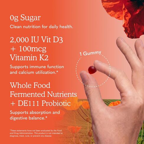 Garden of Life Vitamin D3+K2 Gummies with Prebiotics&Probiotics for Digestion,2000 IU Vitamin D3+100mcg K2 for Bone&Immune Health for Adults,Vitamin Code,Non-GMO,Gluten-Free,45 Raspberry Lemon Gummies in Kuwait