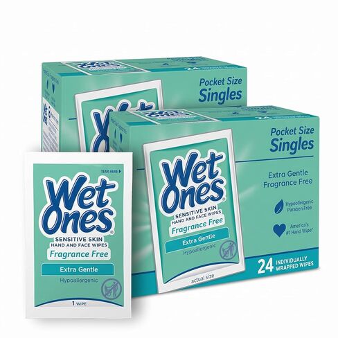 Wet Ones Hand and Face Wipes Singles, Unscented Wipes for Sensitive Skin | Individual Wipes, Hand Wipes Individually Wrapped | 24 ct. (6 pack) in Kuwait
