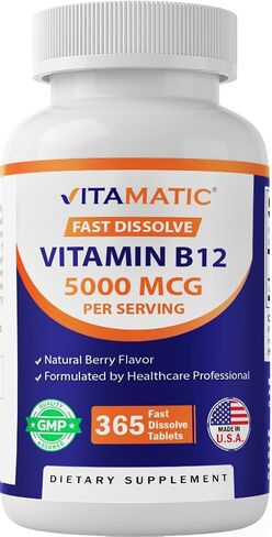 Vitamatic Vitamin B12 5000 mcg per Serving Fast Dissolve 365 Tablets - Berry Flavor - Supports Energy Metabolism in Kuwait