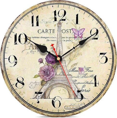 VIKMARI 14 Inch Paris Wall Clock, Vintage/Country/French Style Wooden Clock, Family Decoration Eiffel Tower Retro Wood Clock, Silent Non-Ticking Round Painted Paris Tower Retro Style Hanging Clocks in Kuwait