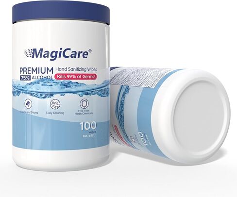 MagiCare Hand Sanitizer Wipes (2 Canisters) - Disposable 75% Alcohol Wipes - Premium Unscented Sanitizing Wipes for Home, Travel, Classroom, Camping, etc. - Two, 100ct Hand Wipes Canisters (200pcs) in Kuwait