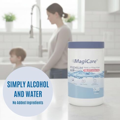MagiCare Hand Sanitizer Wipes (2 Canisters) - Disposable 75% Alcohol Wipes - Premium Unscented Sanitizing Wipes for Home, Travel, Classroom, Camping, etc. - Two, 100ct Hand Wipes Canisters (200pcs) in Kuwait