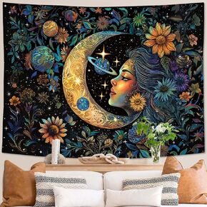 Accnicc Boho الشمس والقمر نسيج الهبي الفطر الأزهار جدار نسيج لغرفة النوم الجمالية خمر النبات السماوية الروحية الصغيرة المفروشات الجدار شنقا لديكور غرفة المعيشة النوم 48 × 36 بوصة in Kuwait
