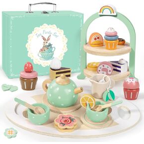 Wooden Tea Party Set for Little Girls, Toddler Girl Gifts Princess Tea Time Toys, Wooden Tea Set Tray Cake Dessert, Kids Kitchen Pretend Play, Birthday for Girls Age 2-5 Years Old in Saudi Arabia