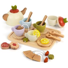 Pillowhale Wooden Tea Set for Toddlers 3-5, 25Pcs Pretend Tea Party Toy in Saudi Arabia