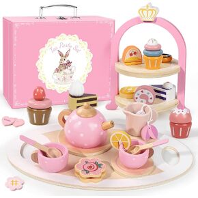 Wooden Tea Party Set for Little Girls, Toddler Girl Gifts Princess Tea Time Toys, Wooden Tea Set Food Dessert, Kids Kitchen Pretend Play, Birthday Valentines Day Gifts for Girls Age 2-5 Years Old in Saudi Arabia