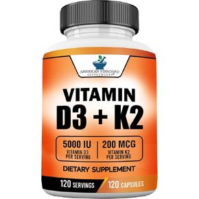 Vitamin D3 K2 (MK-7), Vitamin D3 (5000IU) + K2 (MK-7) 200mcg w/ Organic Coconut Oil, Vitamin D3 + K2, Vitamin D3 + K2, Vitamin K2 D3, Immune & Bone Health, No Fillers, Made In USA, 120 Veggie Capsule in Saudi Arabia