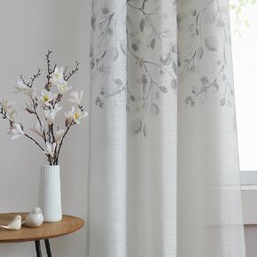 Central Park Leaf Floral Print Metallic Sheer Linen Window Curtain Panel for Rustic Living Room/Bedroom Sparkling Decorative 6 Grommets Top Drape Panels Farmhouse Curtains, Teal Blue,40" x 84"x2, 2 PK in Saudi Arabia