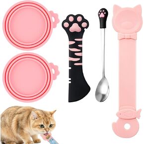 5 PCS Cat Food Can Lid Set, Cat Can Opener & Stainless Steel Cat Spoon, Silicone Can Covers, Treat Dispenser Spoon, Multi-function Pet Feeding Tools for Cats - Cute Cats Supplies (Black Pink) in Saudi Arabia