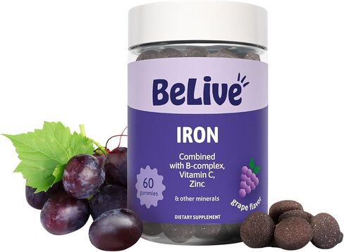 BeLive Iron Gummies - مكمل الحديد متعدد الفيتامينات مع فيتامين C وA وB والزنك، ويدعم الأكسجين في الدم، ومكملات الحديد النباتية للنساء والرجال والأطفال للنمو والتنمية - نكهة العنب | 1 حزمة in Kuwait
