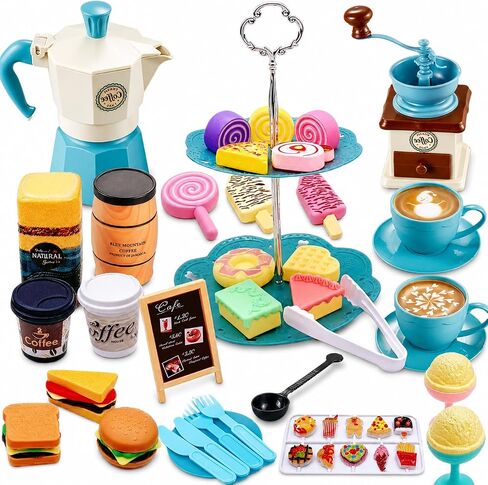 Pretend Tea Party Set for Little Girls, 38 PCS Coffee Maker Set and Play Food Dessert Set for Kids Age 3 4 5 6 7 8 9, Kids Kitchen Pretend Play for Princess Girls Boys in Kuwait