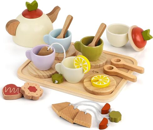 Pillowhale Wooden Tea Set for Toddlers 3-5, 25Pcs Pretend Tea Party Toy in Saudi Arabia