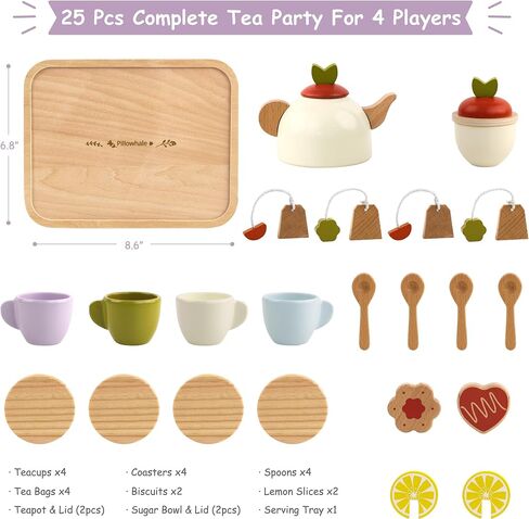 Pillowhale Wooden Tea Set for Toddlers 3-5, 25Pcs Pretend Tea Party Toy in Saudi Arabia