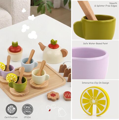 Pillowhale Wooden Tea Set for Toddlers 3-5, 25Pcs Pretend Tea Party Toy in Saudi Arabia
