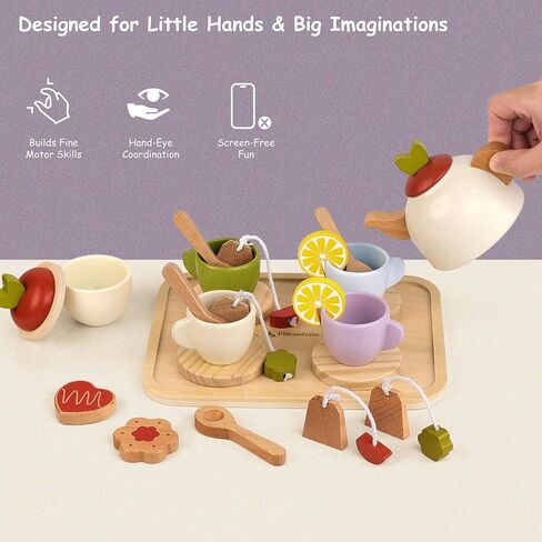 Pillowhale Wooden Tea Set for Toddlers 3-5, 25Pcs Pretend Tea Party Toy in Saudi Arabia