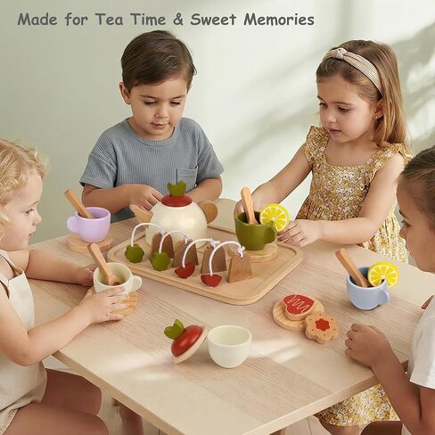 Pillowhale Wooden Tea Set for Toddlers 3-5, 25Pcs Pretend Tea Party Toy in Saudi Arabia