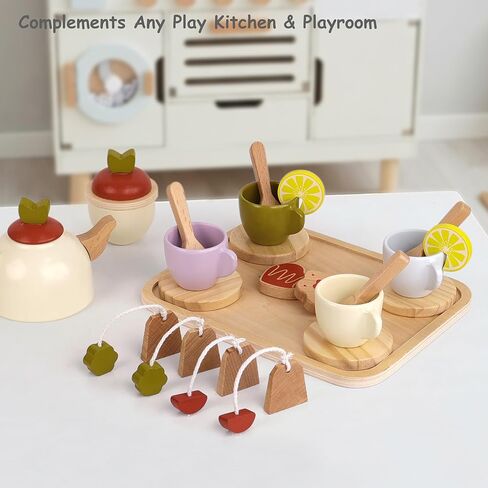 Pillowhale Wooden Tea Set for Toddlers 3-5, 25Pcs Pretend Tea Party Toy in Saudi Arabia