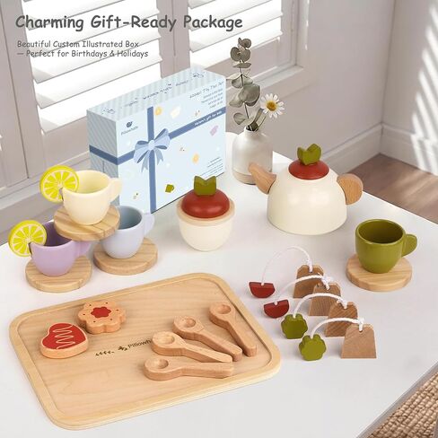 Pillowhale Wooden Tea Set for Toddlers 3-5, 25Pcs Pretend Tea Party Toy in Saudi Arabia