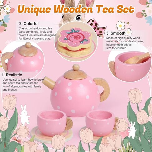 Wooden Tea Party Set for Little Girls, Toddler Girl Gifts Princess Tea Time Toys, Wooden Tea Set Food Dessert, Kids Kitchen Pretend Play, Birthday Valentines Day Gifts for Girls Age 2-5 Years Old in Saudi Arabia