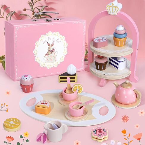 Wooden Tea Party Set for Little Girls, Toddler Girl Gifts Princess Tea Time Toys, Wooden Tea Set Food Dessert, Kids Kitchen Pretend Play, Birthday Valentines Day Gifts for Girls Age 2-5 Years Old in Saudi Arabia