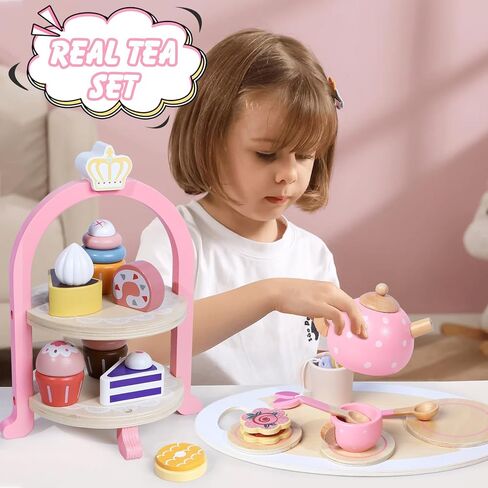Wooden Tea Party Set for Little Girls, Toddler Girl Gifts Princess Tea Time Toys, Wooden Tea Set Food Dessert, Kids Kitchen Pretend Play, Birthday Valentines Day Gifts for Girls Age 2-5 Years Old in Saudi Arabia