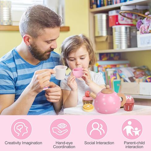 Wooden Tea Party Set for Little Girls, Toddler Girl Gifts Princess Tea Time Toys, Wooden Tea Set Food Dessert, Kids Kitchen Pretend Play, Birthday Valentines Day Gifts for Girls Age 2-5 Years Old in Saudi Arabia