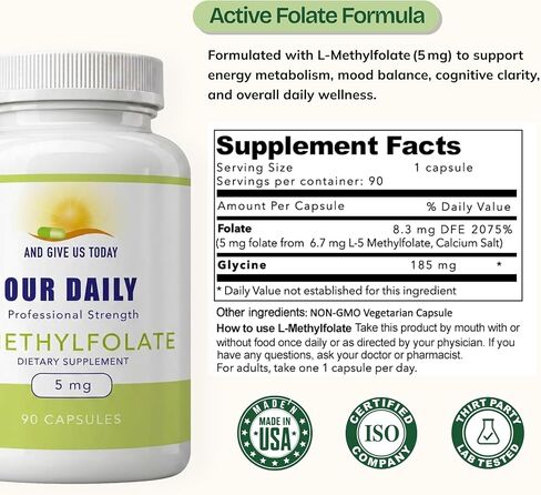 Our Daily Vites L-Methylfolate 5 mg / 5000 mcg حمض الفوليك النشط ذو القوة القصوى، 5-MTHF، خالي من الحشو، خالي من الغلوتين، غير معدل وراثيًا، كبسولات نباتية 90 عددًا (كمية تكفي لمدة 3 أشهر) in Kuwait