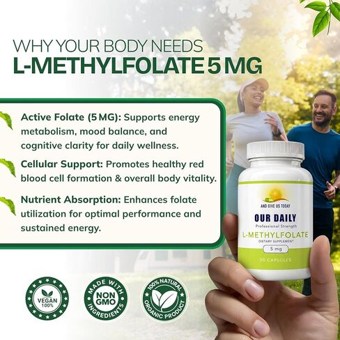Our Daily Vites L-Methylfolate 5 mg / 5000 mcg حمض الفوليك النشط ذو القوة القصوى، 5-MTHF، خالي من الحشو، خالي من الغلوتين، غير معدل وراثيًا، كبسولات نباتية 90 عددًا (كمية تكفي لمدة 3 أشهر) in Kuwait