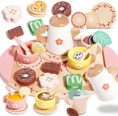 Wooden Tea Party Set for Little Girls Birthday Gift, Pretend Play Food Toy in Saudi Arabia
