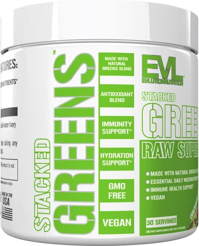 Greens and Superfoods Energy Drink Powder - EVL Super Greens Powder Smoothie Mix with Caffeine Spirulina Chlorella and Wheat Grass - Vegan Greens Superfood Powder for Energy Focus and Immunity in Kuwait