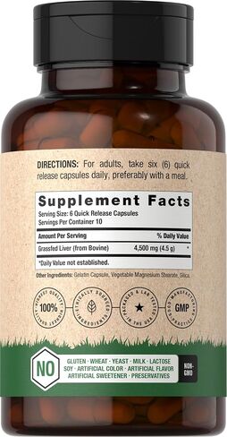 Grass Fed Beef Liver Supplement | 4500mg | 90 Capsules | Desiccated, Pasture Raised, Grain Free, Non-GMO | by Horbaach in Kuwait