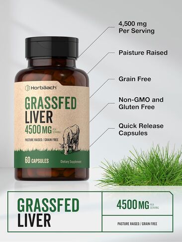 Grass Fed Beef Liver Supplement | 4500mg | 90 Capsules | Desiccated, Pasture Raised, Grain Free, Non-GMO | by Horbaach in Kuwait